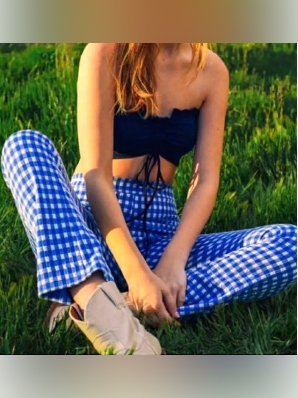 Urban Outfitters Casey Gingham Flare Pull On Pants Blue White Stretch Picnic: S - Picture 6 of 6